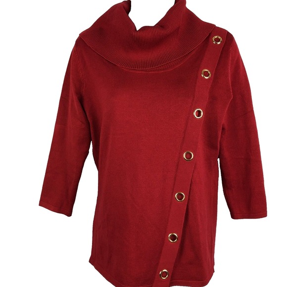 By Design Sweaters - Turtleneck Sweater By Design Women's Small Red Knit 3/4 Sleeve grommet accent